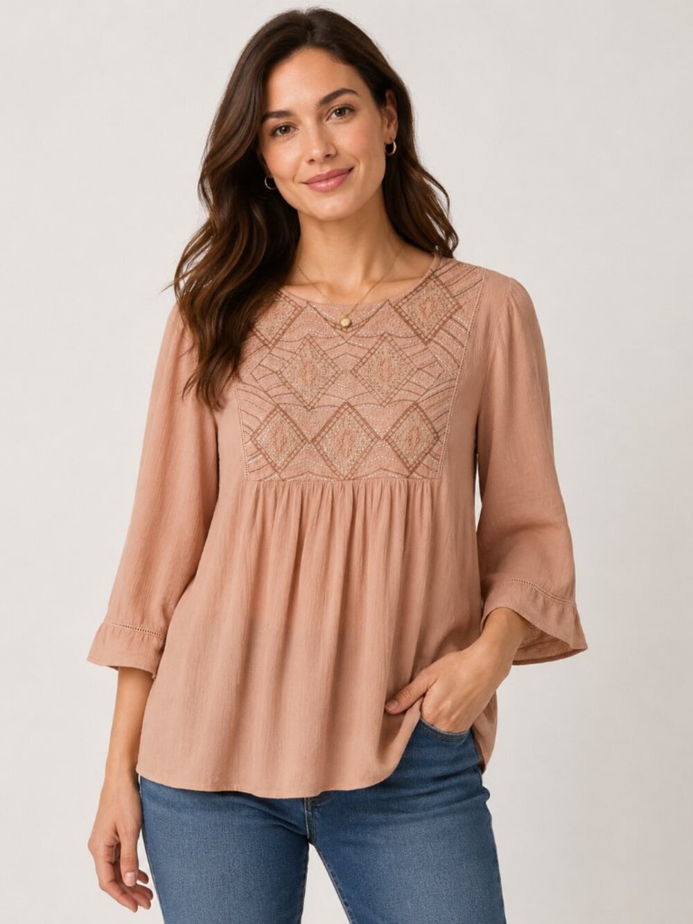 Max Studio XXL Peach Embroidered Boho Blouse 100% Rayon Bell Sleeve Peasant Top